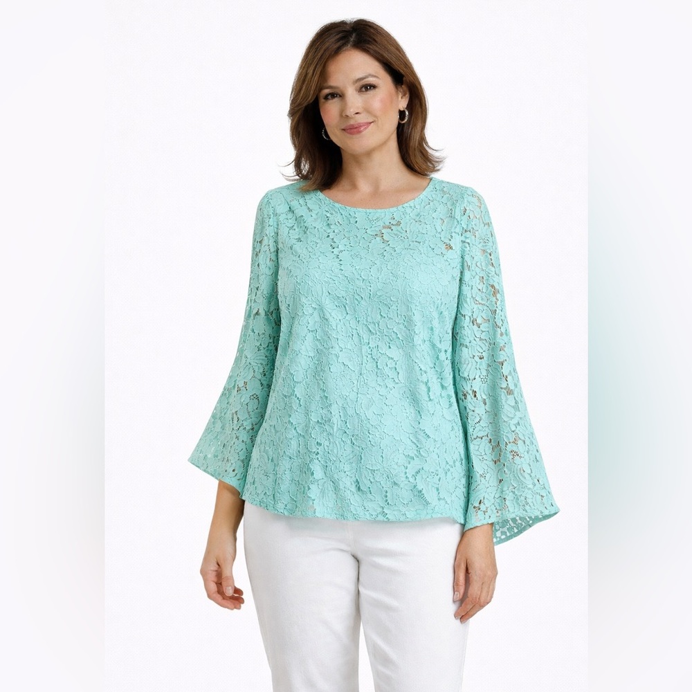 Alfani Petite‎ Lace Blouse Aqua Floral Lace Top NWT Bubble Hem Elegant P/Large